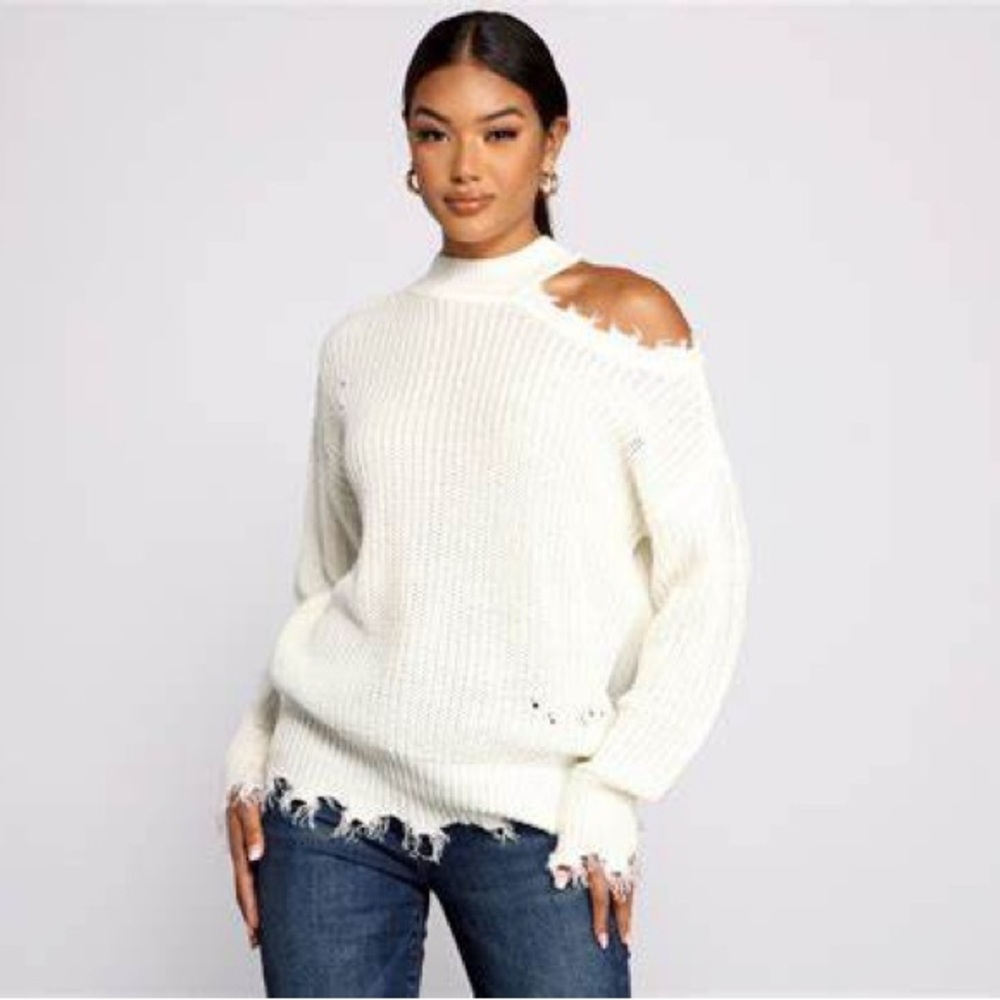 Signature 8 NWOT White Distressed Turtleneck Sweater with one open shoulder